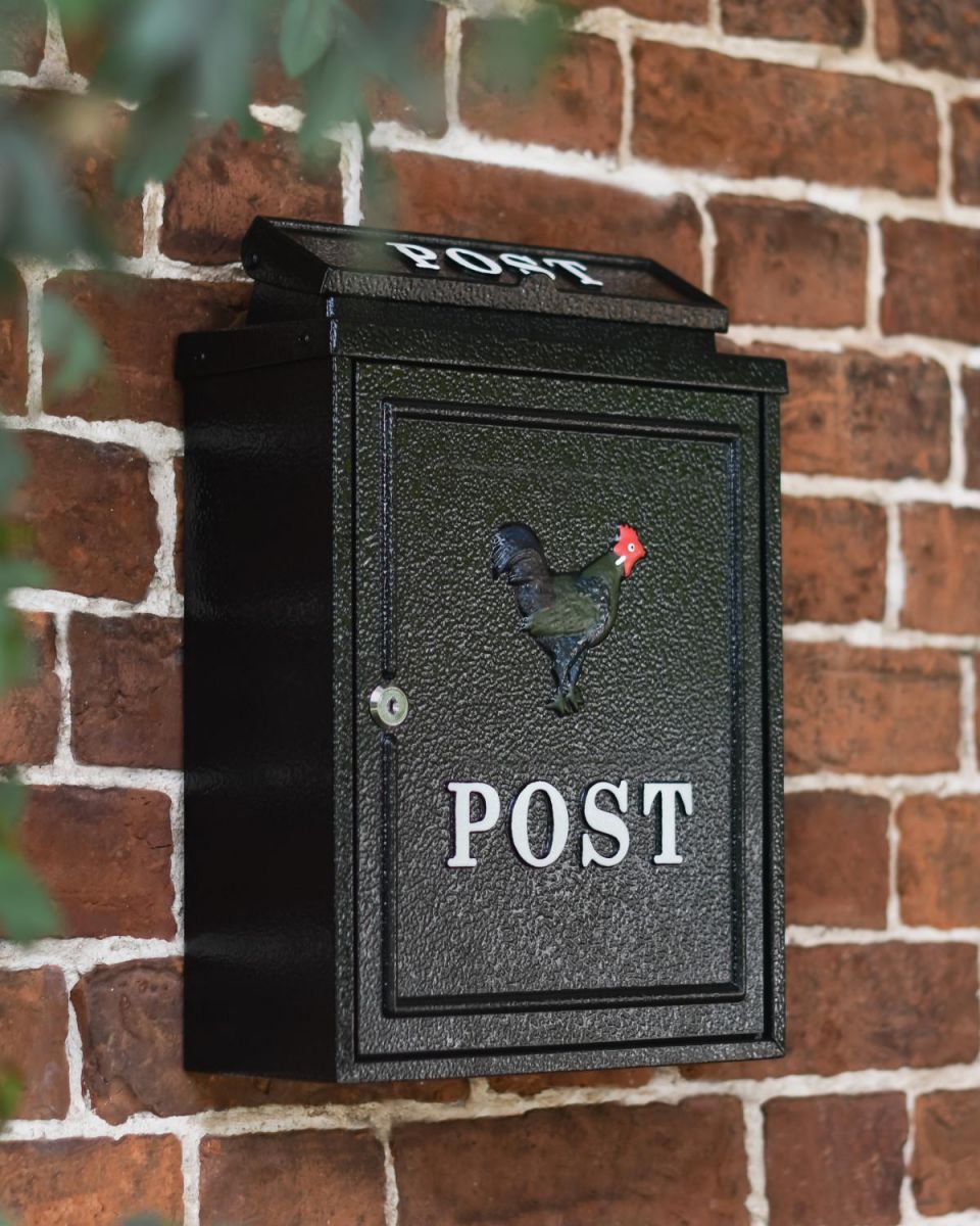 Black "Oxford" Rooster Wall Mounted Post Box with White Text in Situ