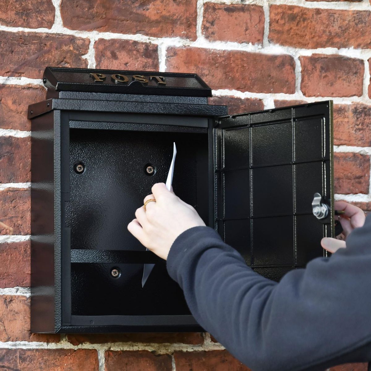 Front Opening Door on the Black "Oxford" Wall Mounted Post Box with Gold Detail Front Opening Door on the Black "Oxford" Wall Mounted Post Box with Gold Detail