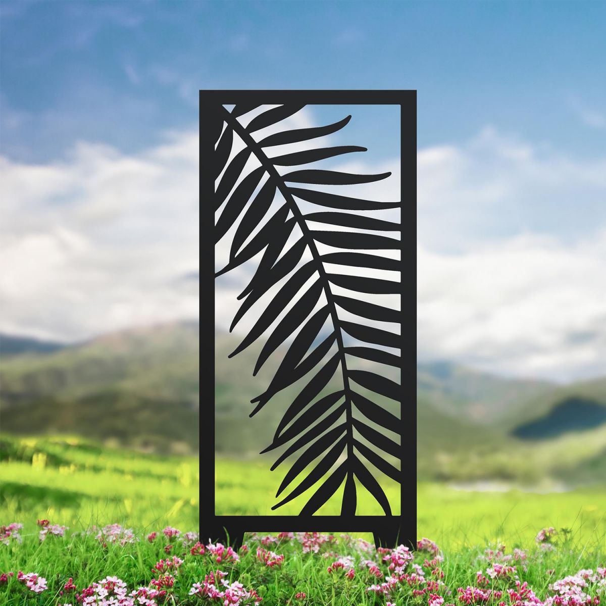 Black Palm Leaf Garden Screen By Pink Flowers