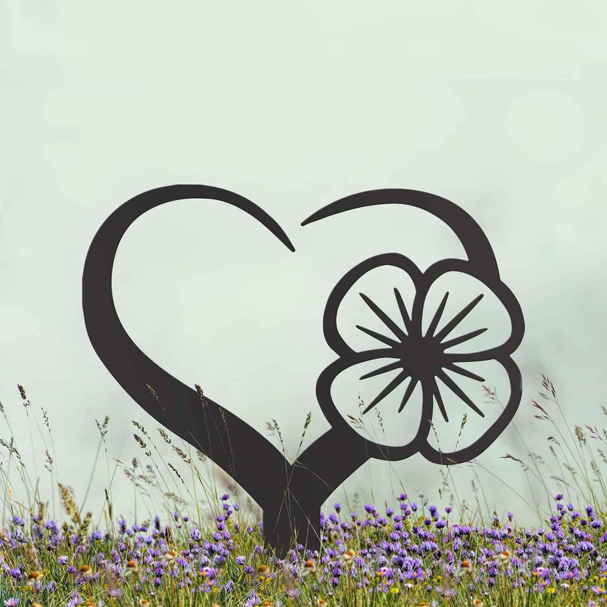 Black Poppy on Love Heart Grave Marker Ground Spike Black Poppy on Love Heart Grave Marker Ground Spike