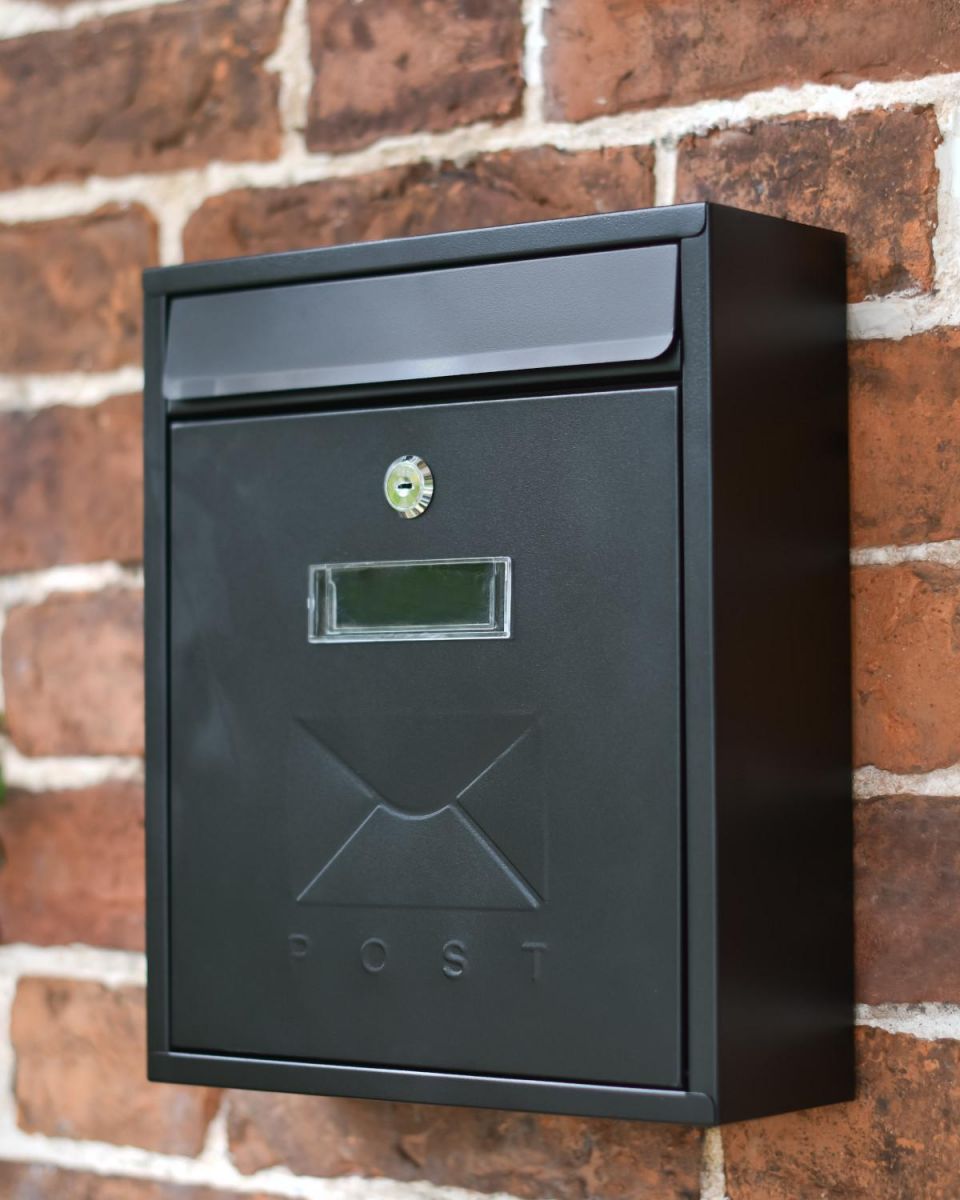 Black Rectangular Steel "POST" Wall Mounted Post Box with Lock in Situ
