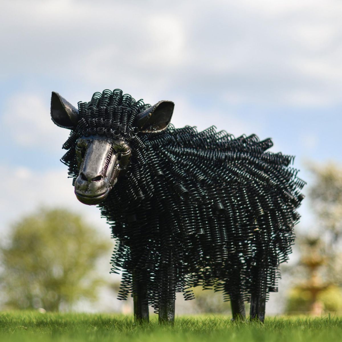 Black Twisted Metal Sheep Garden Sculpture - Recycled Outdoor Ornament