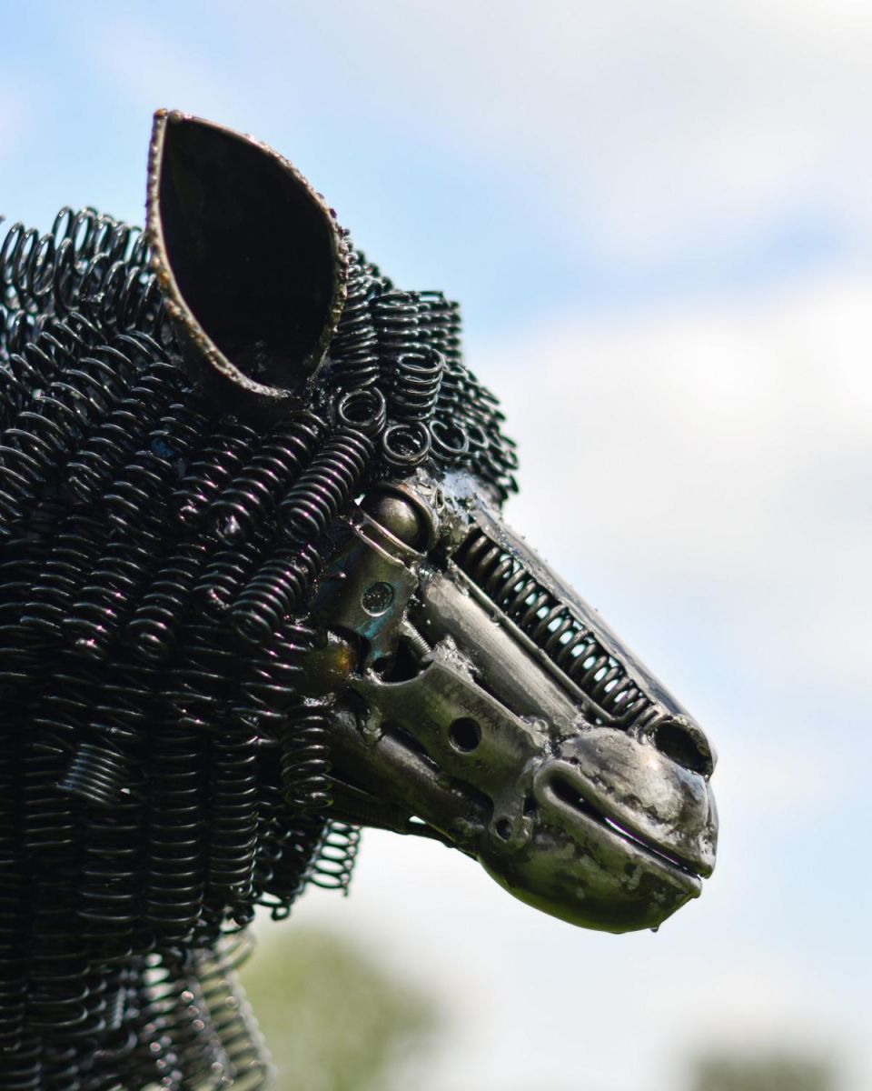 Close-Up of Facial Features of Recycled Metal Sheep Sculpture Looking Left