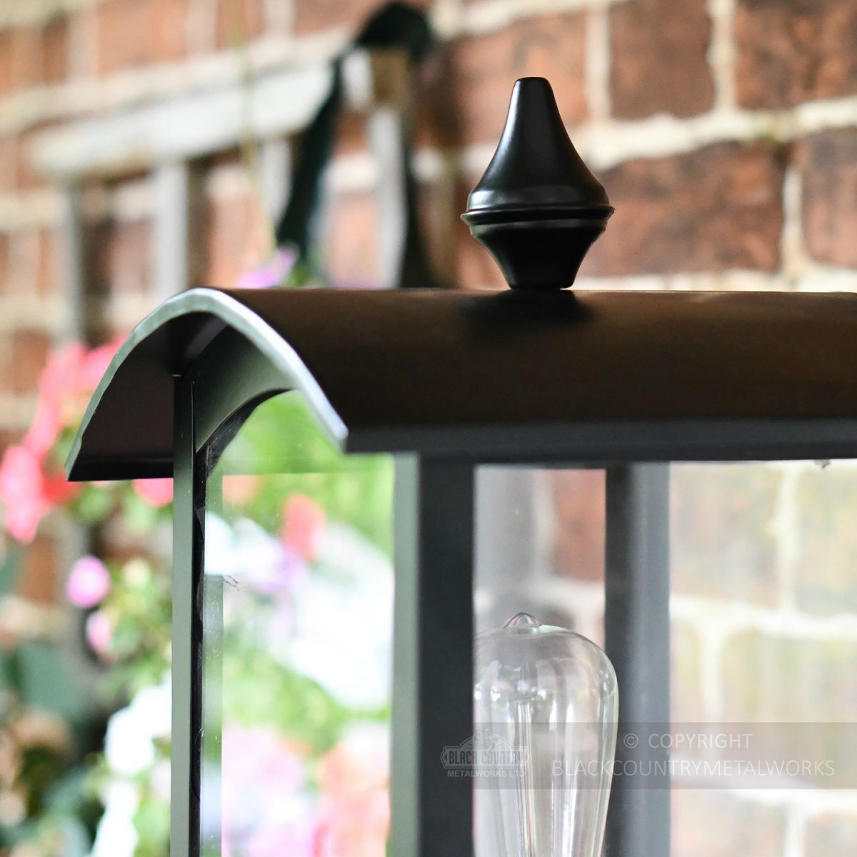 Black Victorian Curved Top Wall Lantern and Bracket Detailed Close Up