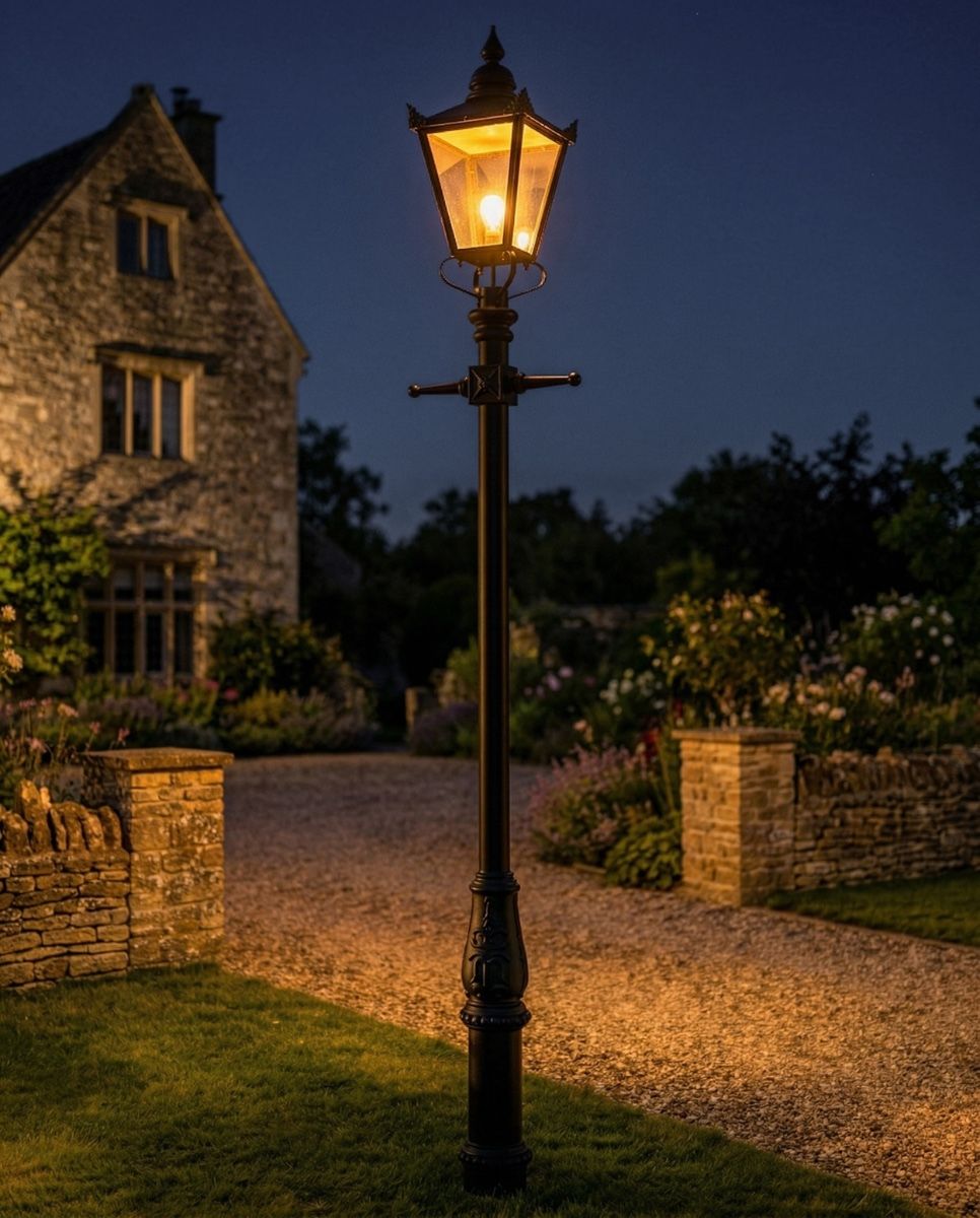 Black Victorian Lamp Post Set 3.7m digital illustration at night
