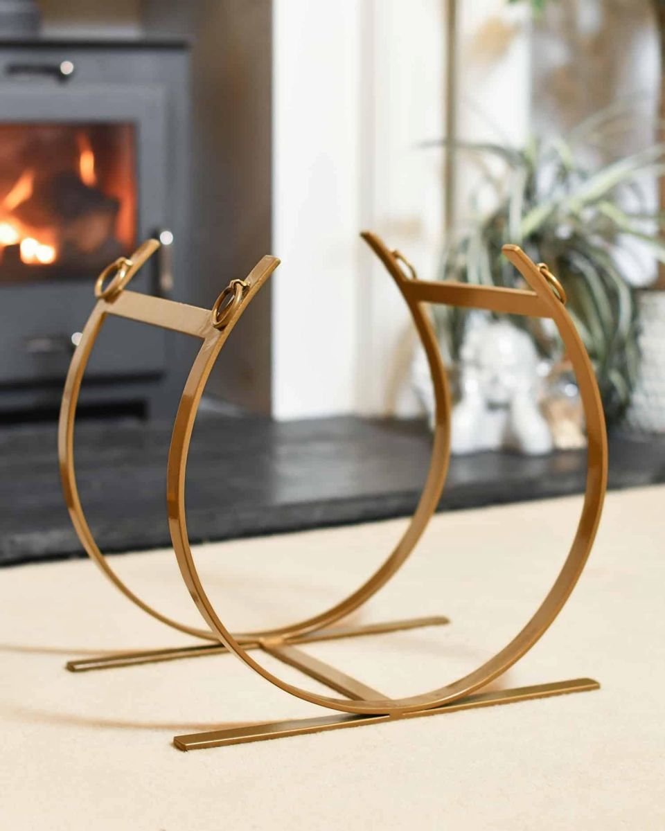 Empty Blacksmith Brass Finish Curved Log Rack Empty Blacksmith Brass Finish Curved Log Rack