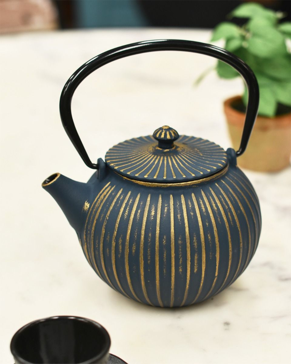 Blue & Gold "Ushirode Kyusu" Japanese Style Teapot