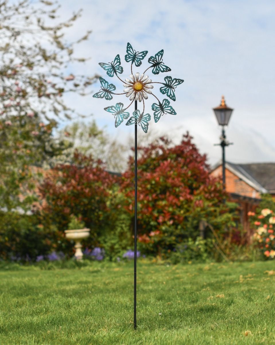 Blue Butterfly and Daisy Flower Garden Spinner