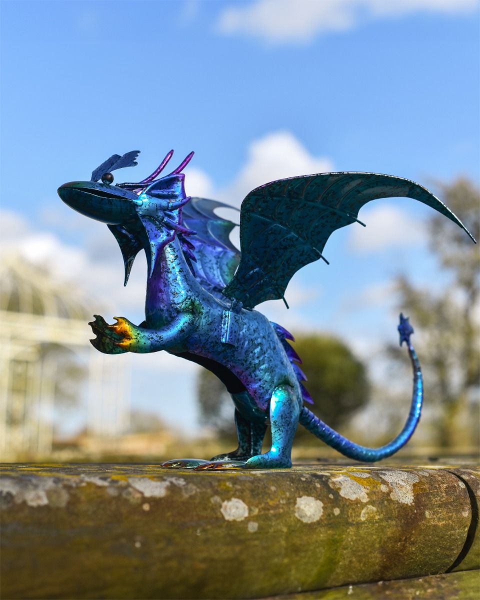 Blue Metal Baby Dragon Garden Sculpture 