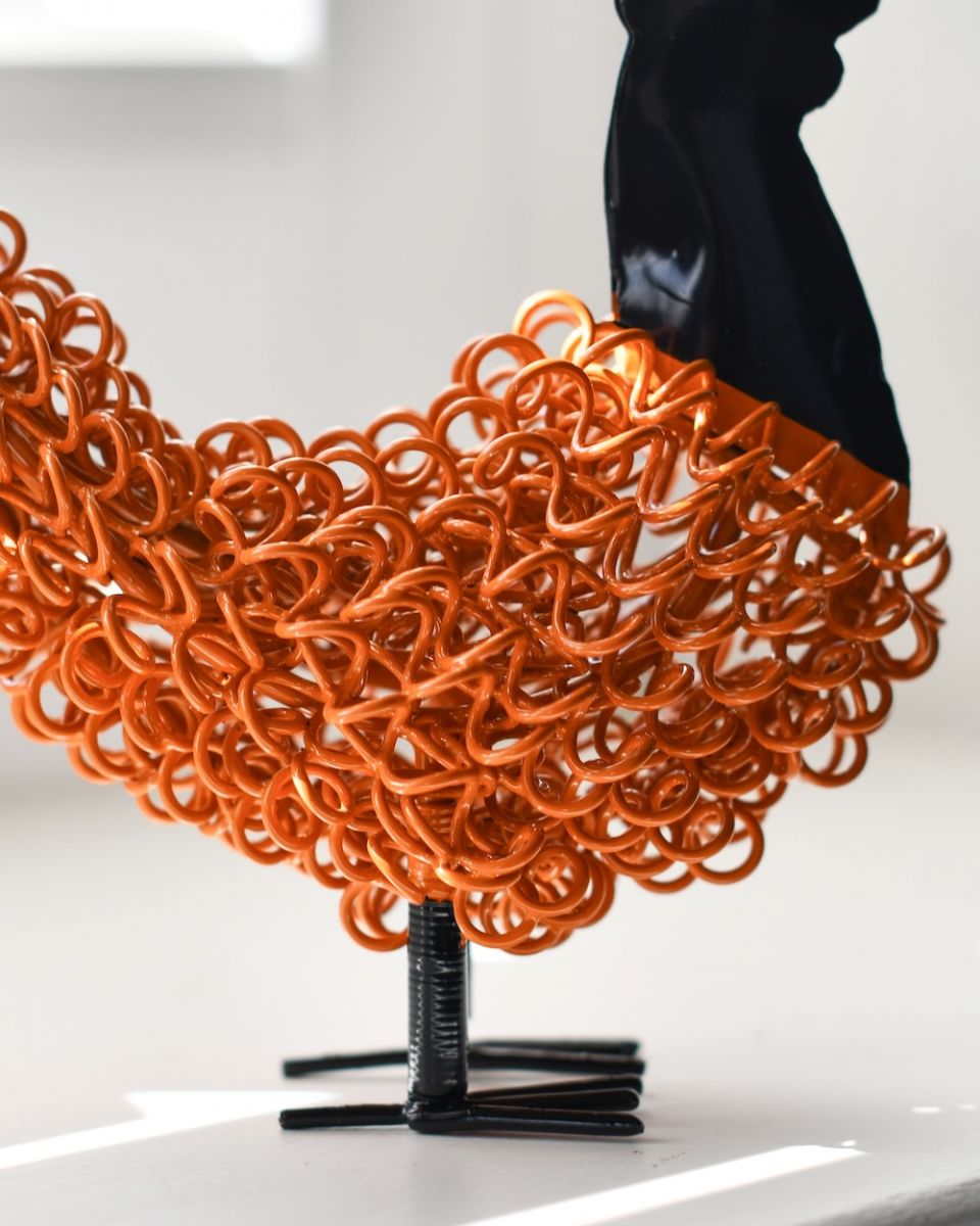 Curly Body Detail on Orange Recycled Cockerel Sculpture Curly Body Detail on Orange Recycled Cockerel Sculpture