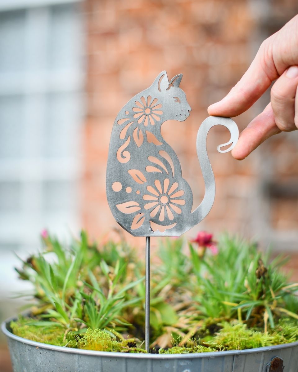 Botanical Cat Artistic Plant Pot Spike - Set of Two with hand in shot for scale