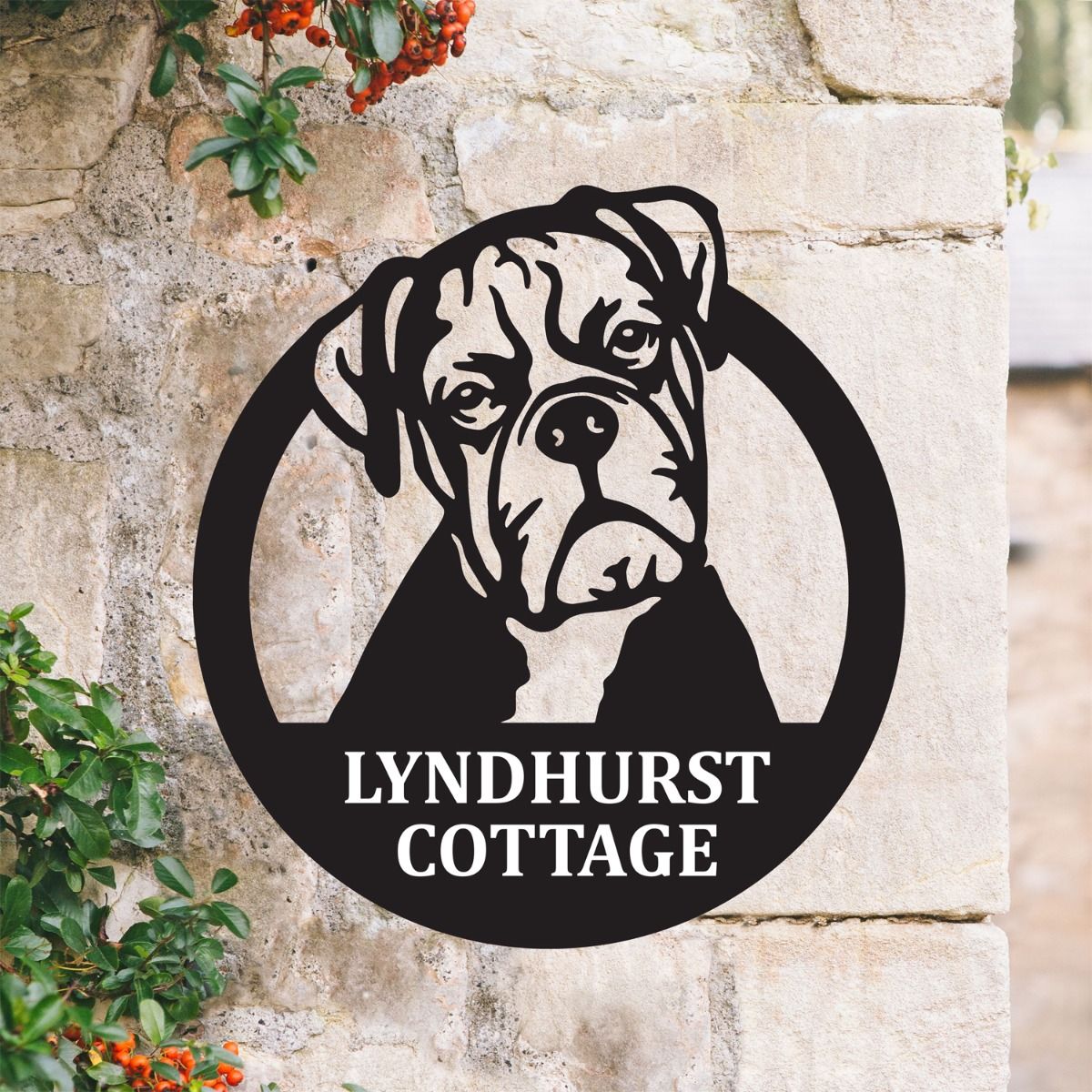 Steel Circular Boxer Dog House Name Sign