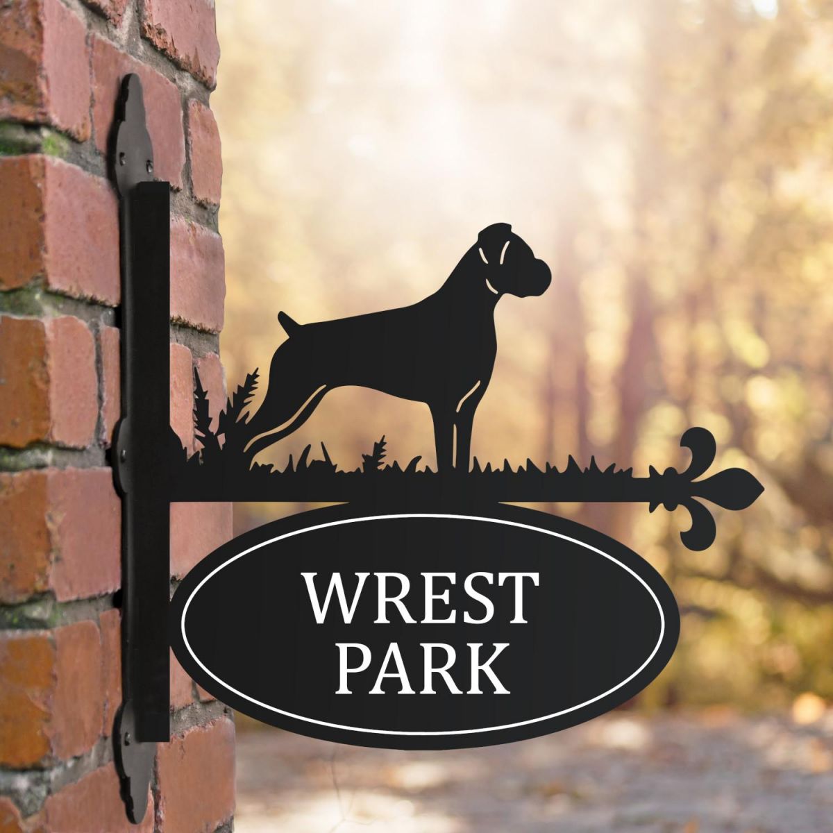 Iron Bracketed House Name Sign with Boxer Dog Topper Iron Bracketed House Name Sign with Boxer Dog Topper