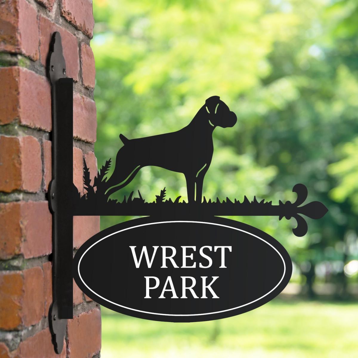 Boxer Dog Iron Bracketed House Name Sign in Situ Boxer Dog Iron Bracketed House Name Sign in Situ