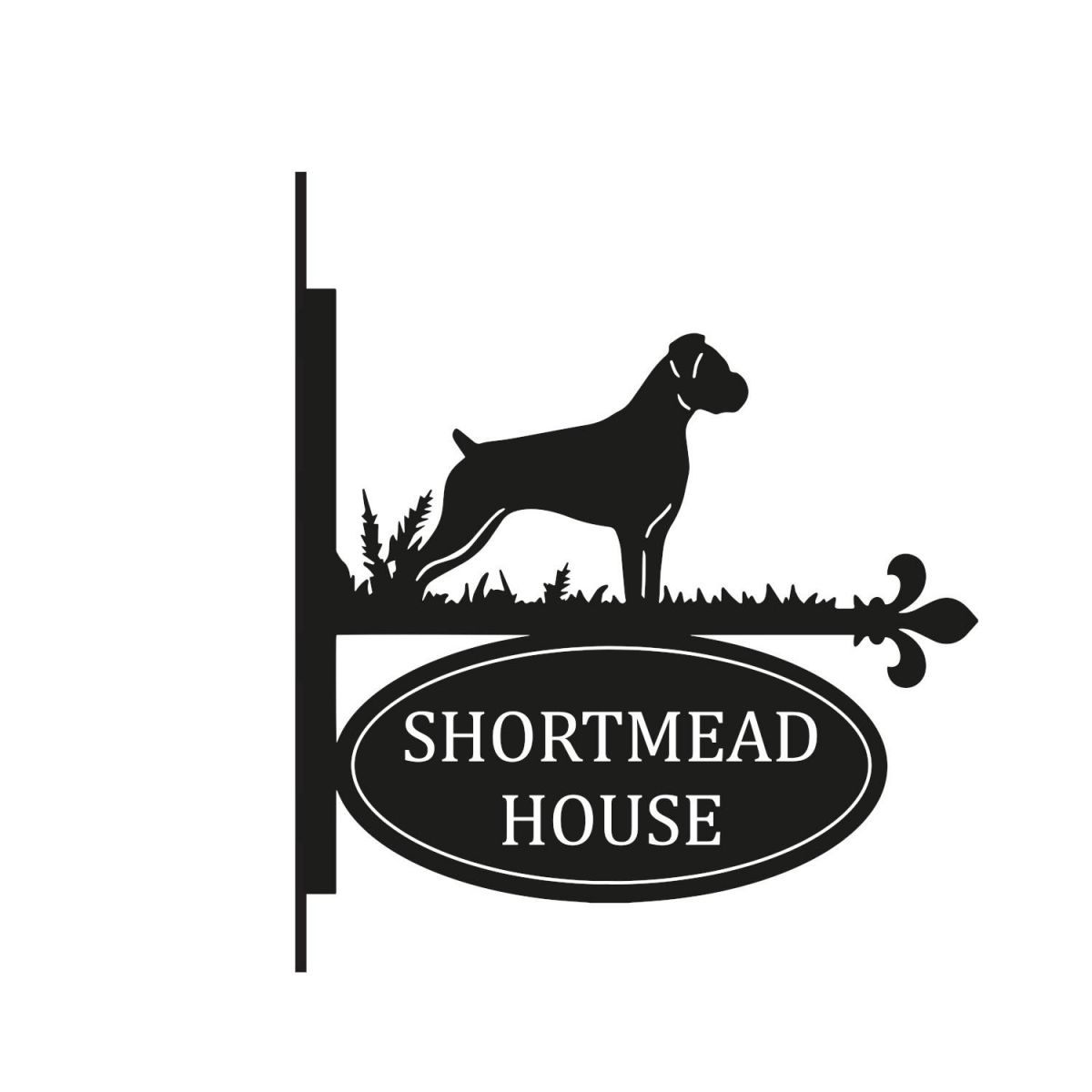 Boxer Dog Iron Bracketed House Name Sign on White Background Boxer Dog Iron Bracketed House Name Sign on White Background