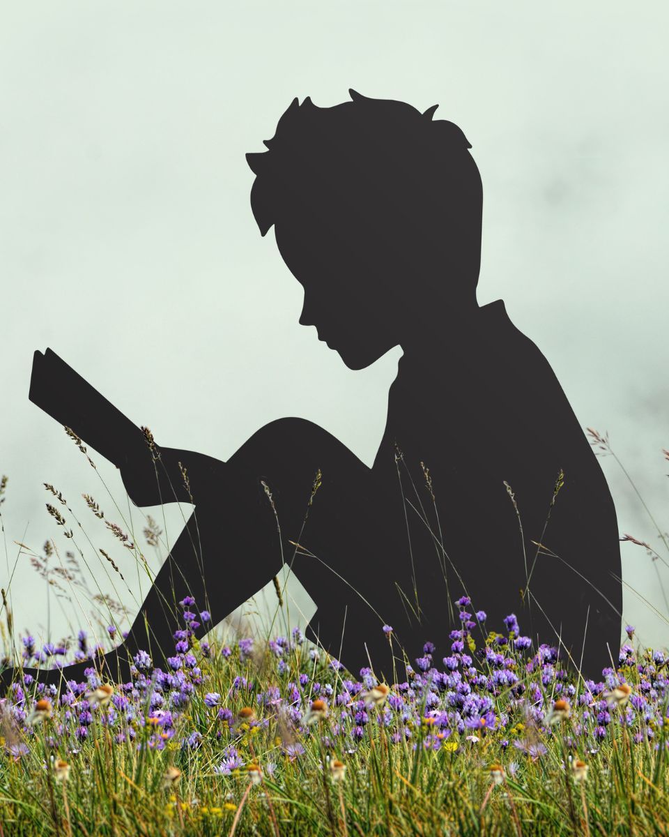 Boy With Book Silhouette sitting in lavender field 