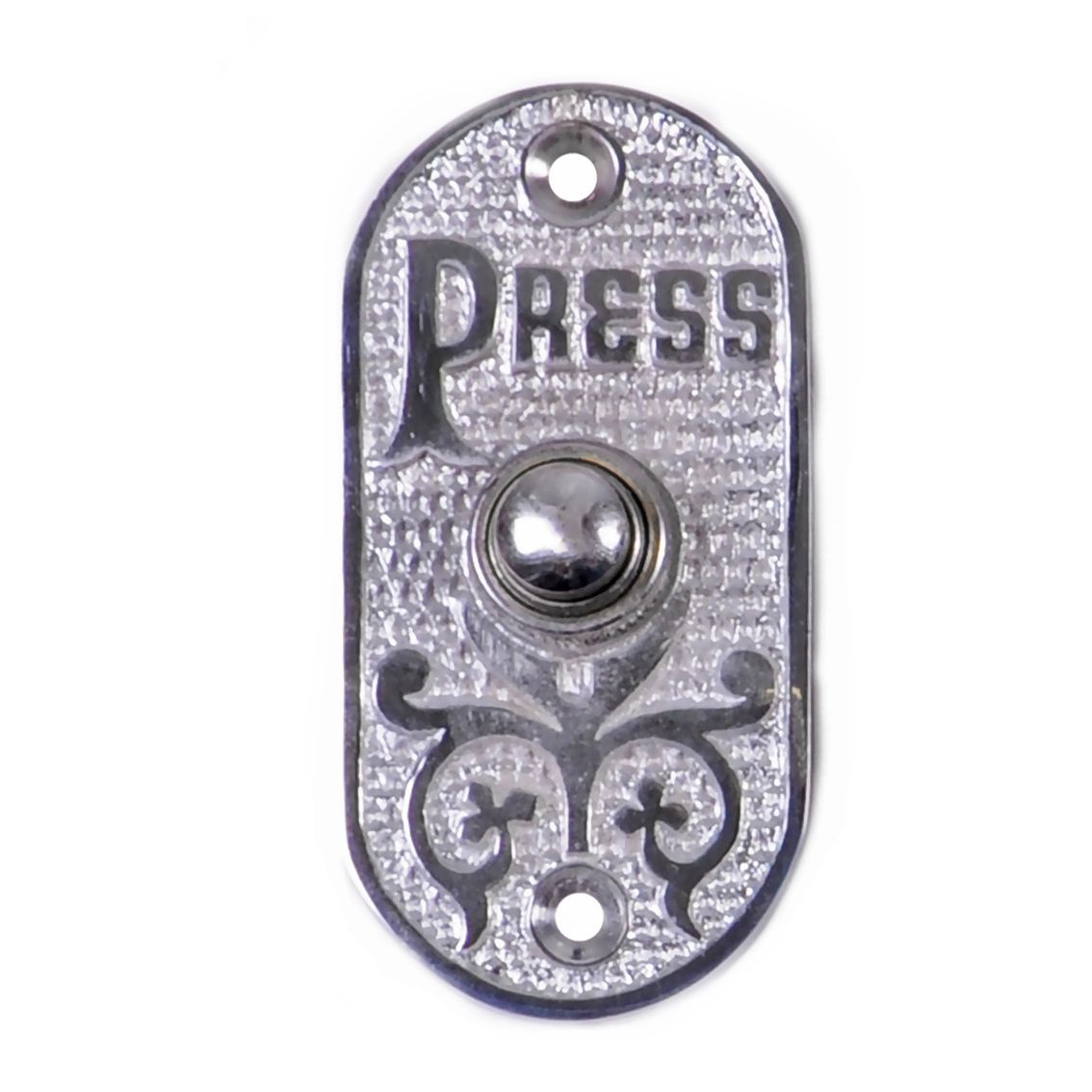 Bright Chrome Bell Push with ornate design and script "PRESS"