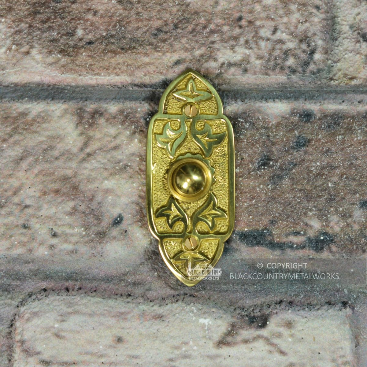 "Adie Amus" Polished Brass Antique Gothic Bell Push  "Adie Amus" Polished Brass Antique Gothic Bell Push