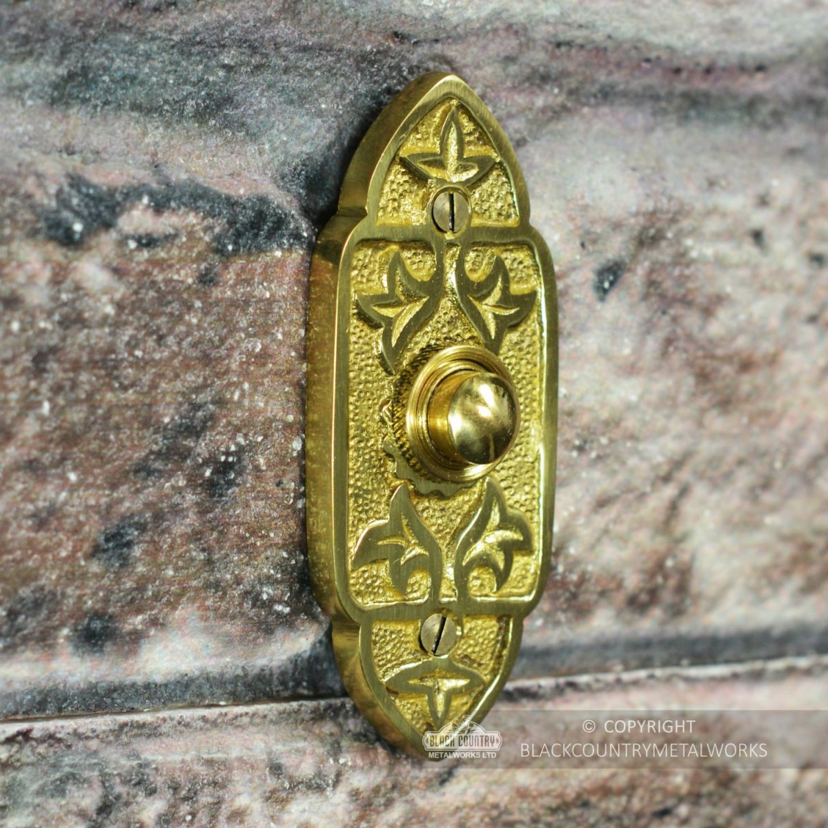 "Adie Amus" Polished Brass Antique Gothic Bell Push  "Adie Amus" Polished Brass Antique Gothic Bell Push