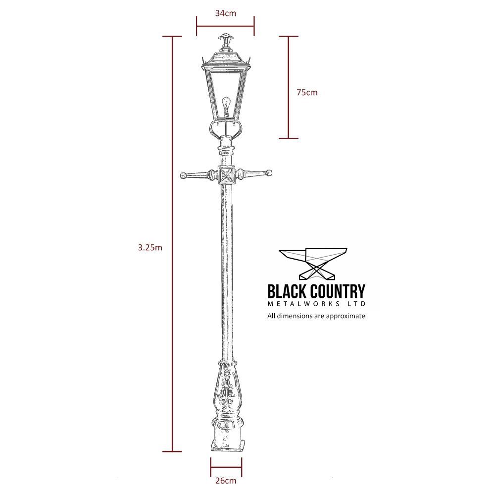 Technical Dimensions of the 3.25m Antique Brass Dorchester Lamp Post & Lantern Set
