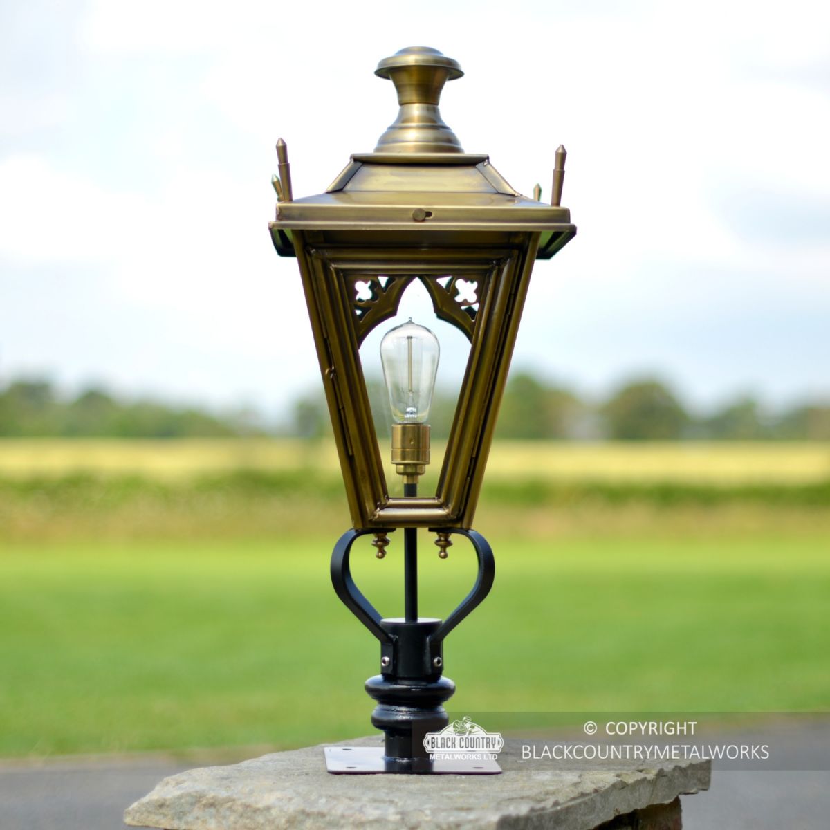 Brass Gothic Pillar Light and Lantern Set in Situ on a Brick Pillar