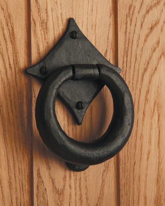 "Braxted Park" Large Black Iron Door Knocker in Situ on a Wooden Door