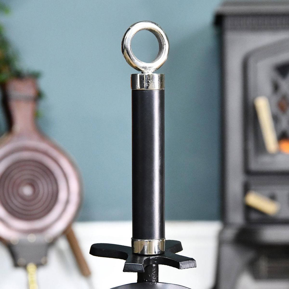 Close-up of the Contemporary Bright Chrome & Black Handle Close-up of the Contemporary Bright Chrome & Black Handle