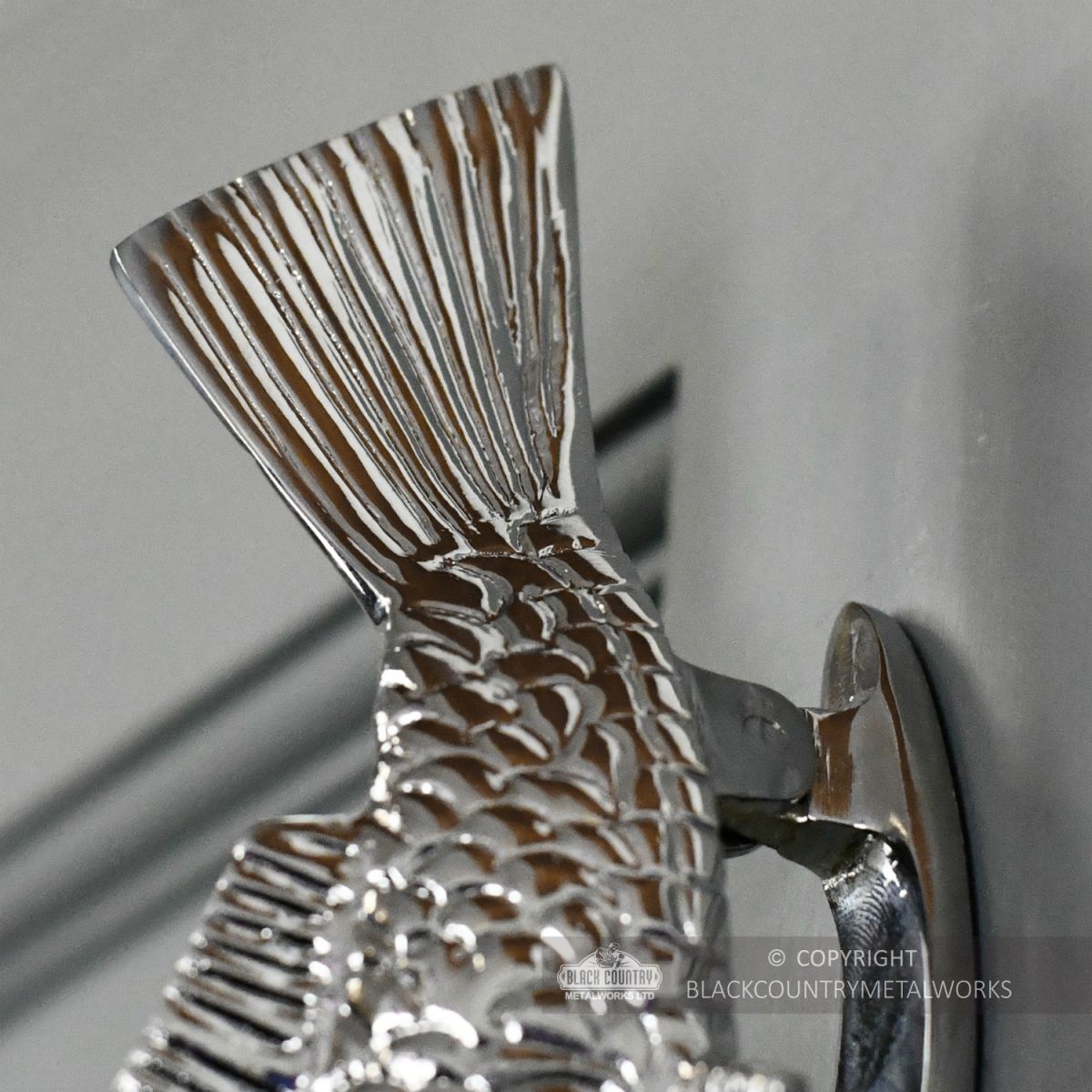 Bright Chrome Fish Door Knocker Close Up Bright Chrome Fish Door Knocker Close Up