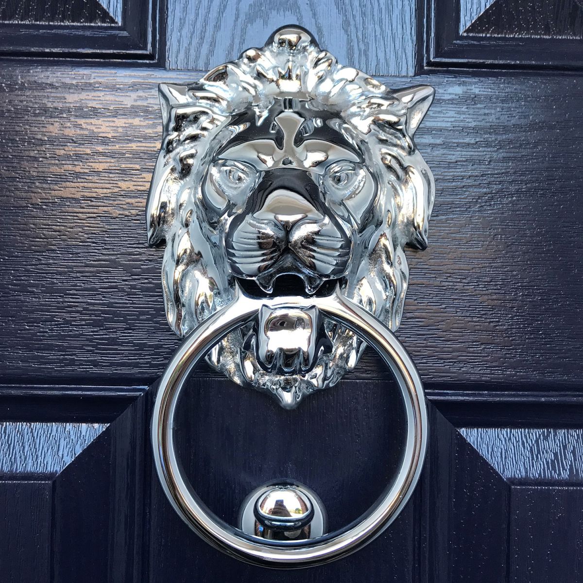 Bright Chrome Lion Door Knocker in situ on the customers door.