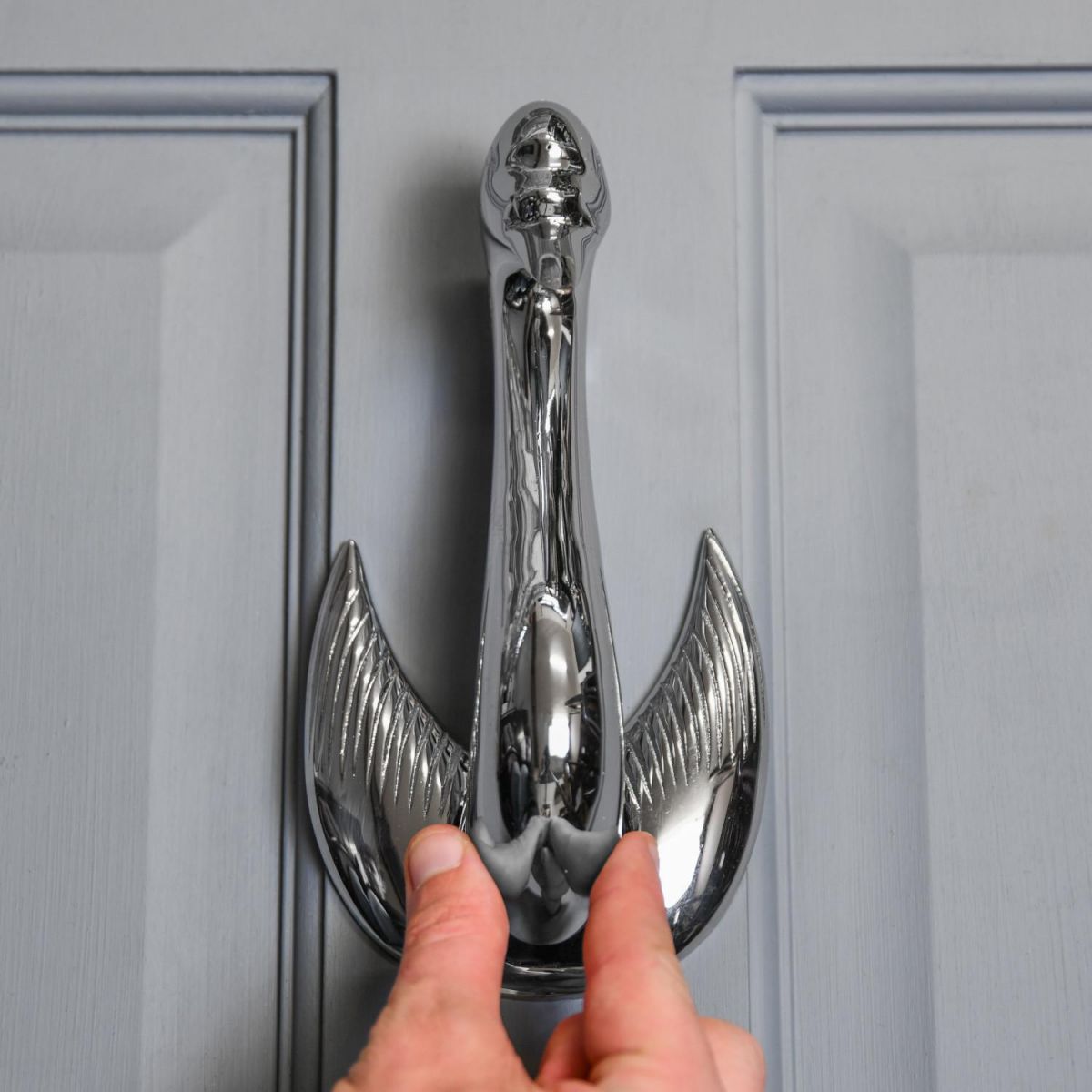 Scale Shot of Bright Chrome "Odette" Swan Door Knocker Scale Shot of Bright Chrome "Odette" Swan Door Knocker