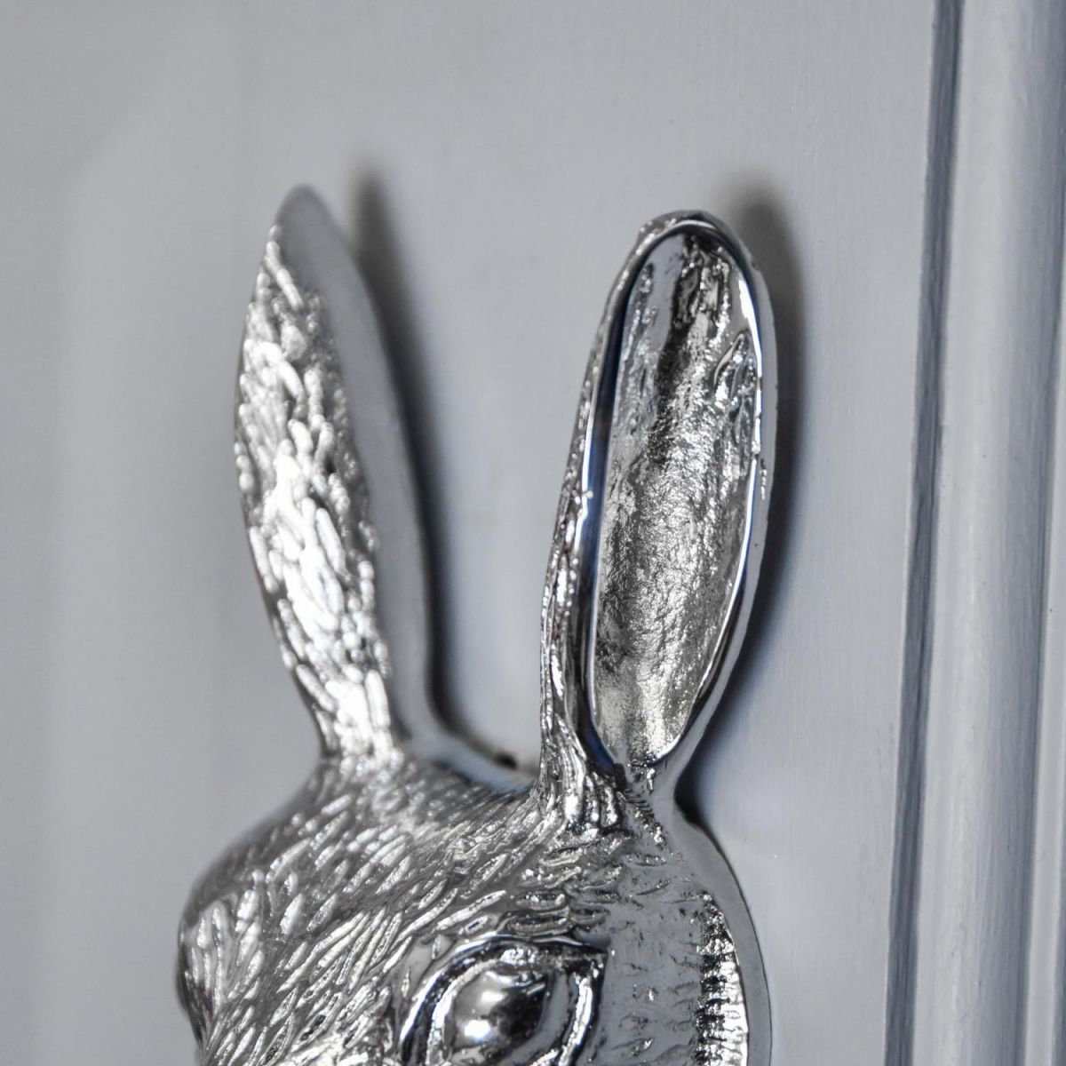 Close-Up of Rabbit Ears on Bright Chrome Door Knocker