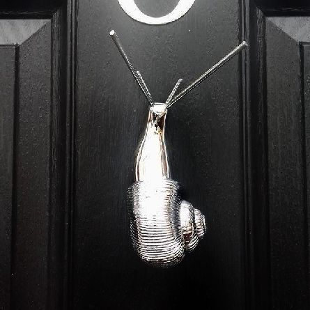 Bright chrome Snail door knocker mounted on black door Bright chrome Snail door knocker mounted on black door