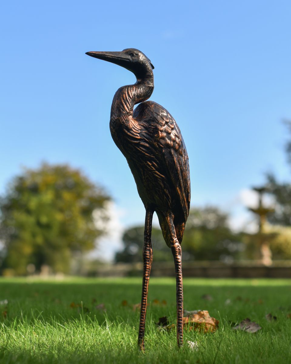 Bronze and copper aluminium crane garden sculpture