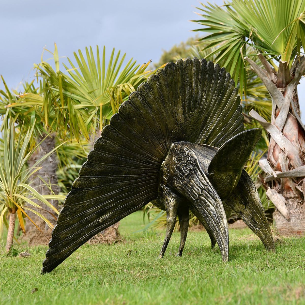 View of the Back of the Bronze Finish Peacock Sculpture with Open Tail 
