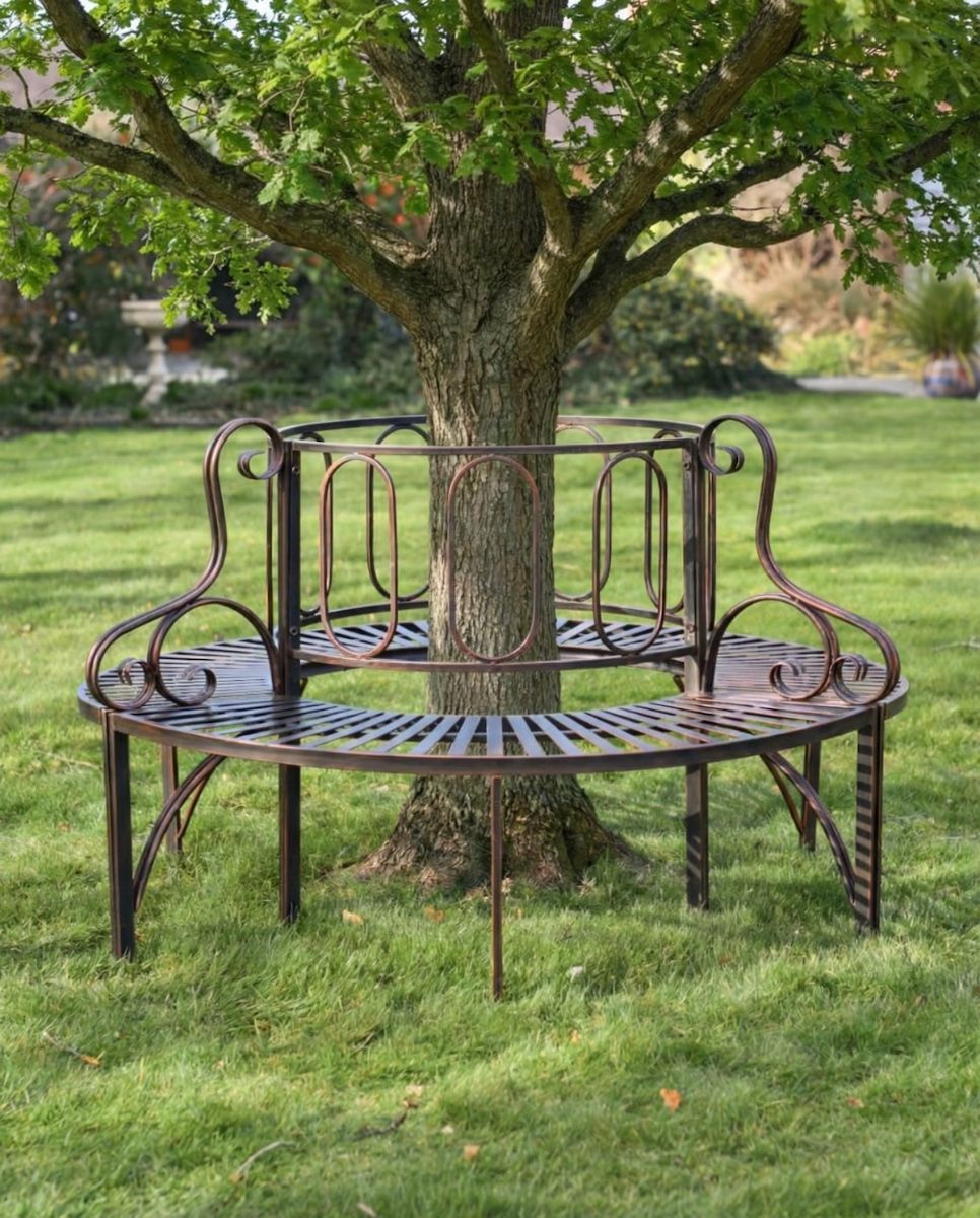 Digital Illustration of Bronze Ornate Antique Full Tree Bench with oak tree in centre