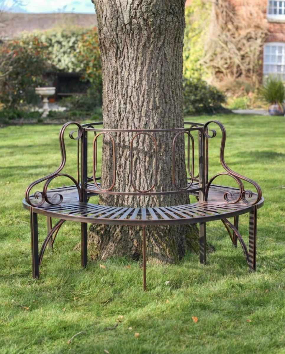 Digital illustration of Bronze Ornate Antique Full Tree Bench with tree in centre