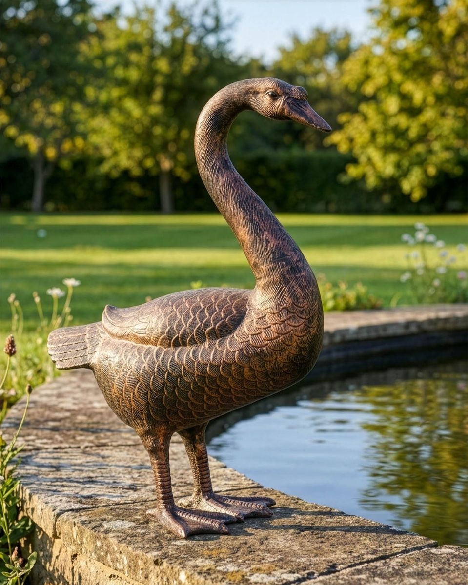 Bronze standing swan garden sculpture Digitlal Illustration