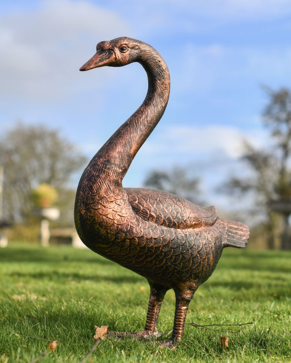 Bronze standing swan garden sculpture