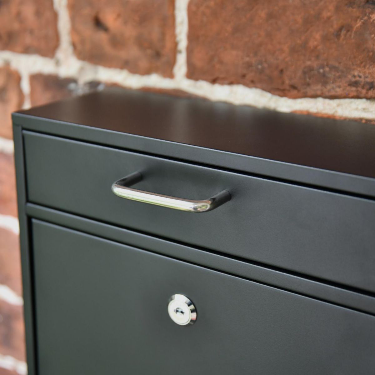 Front Opening Mail slot on the "Brookville" Black Wall Mounted Post Box