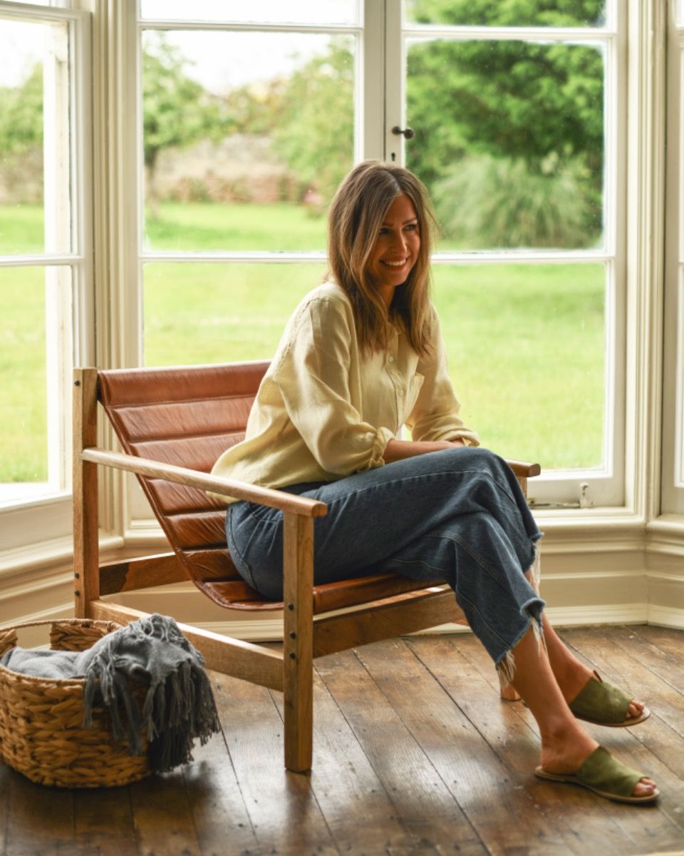 The "Barford" Mango Wood & Tan Leather Relax Chair in Situ