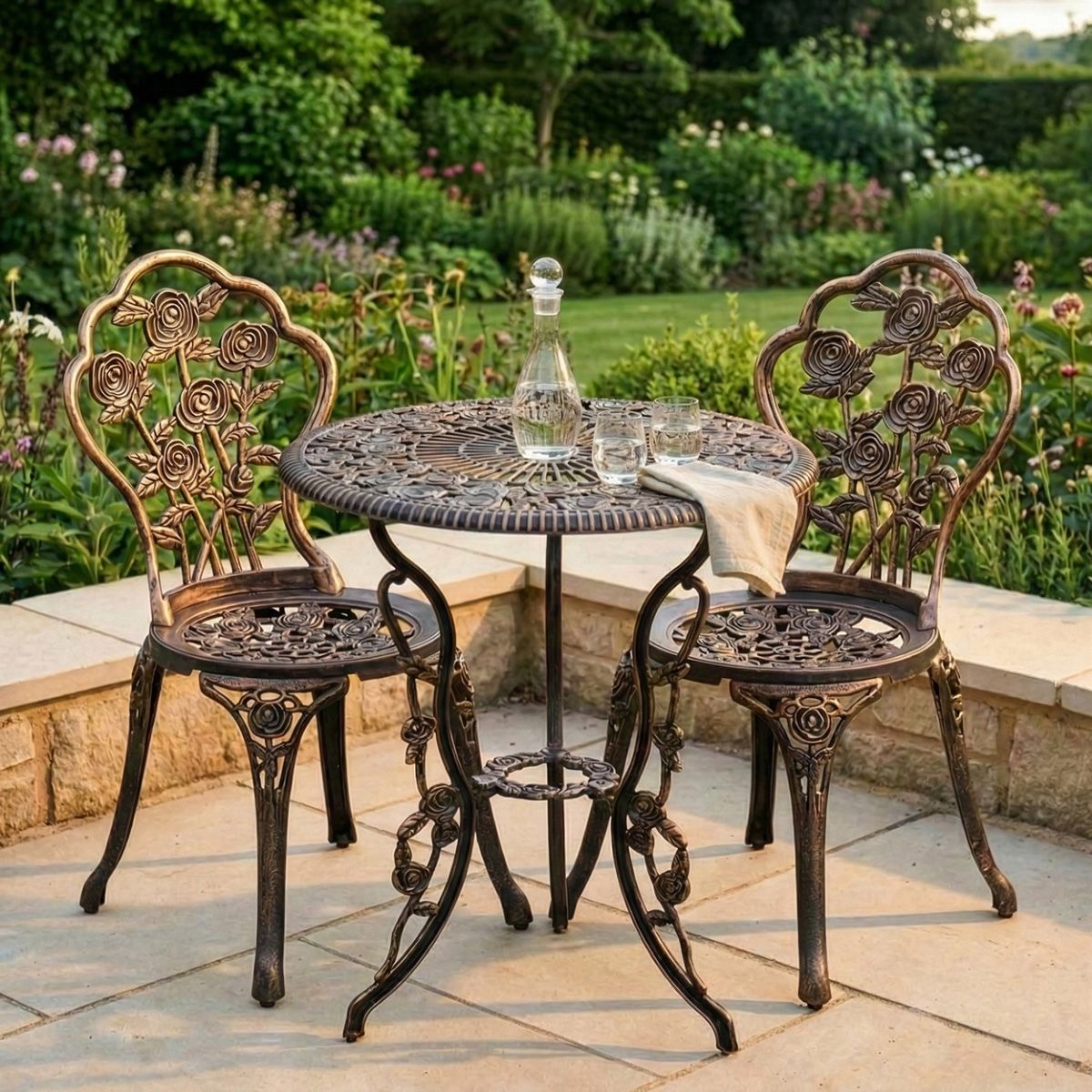 Brushed Bronze "Blossom" Two Seater Bistro Set digital illustration dressed table