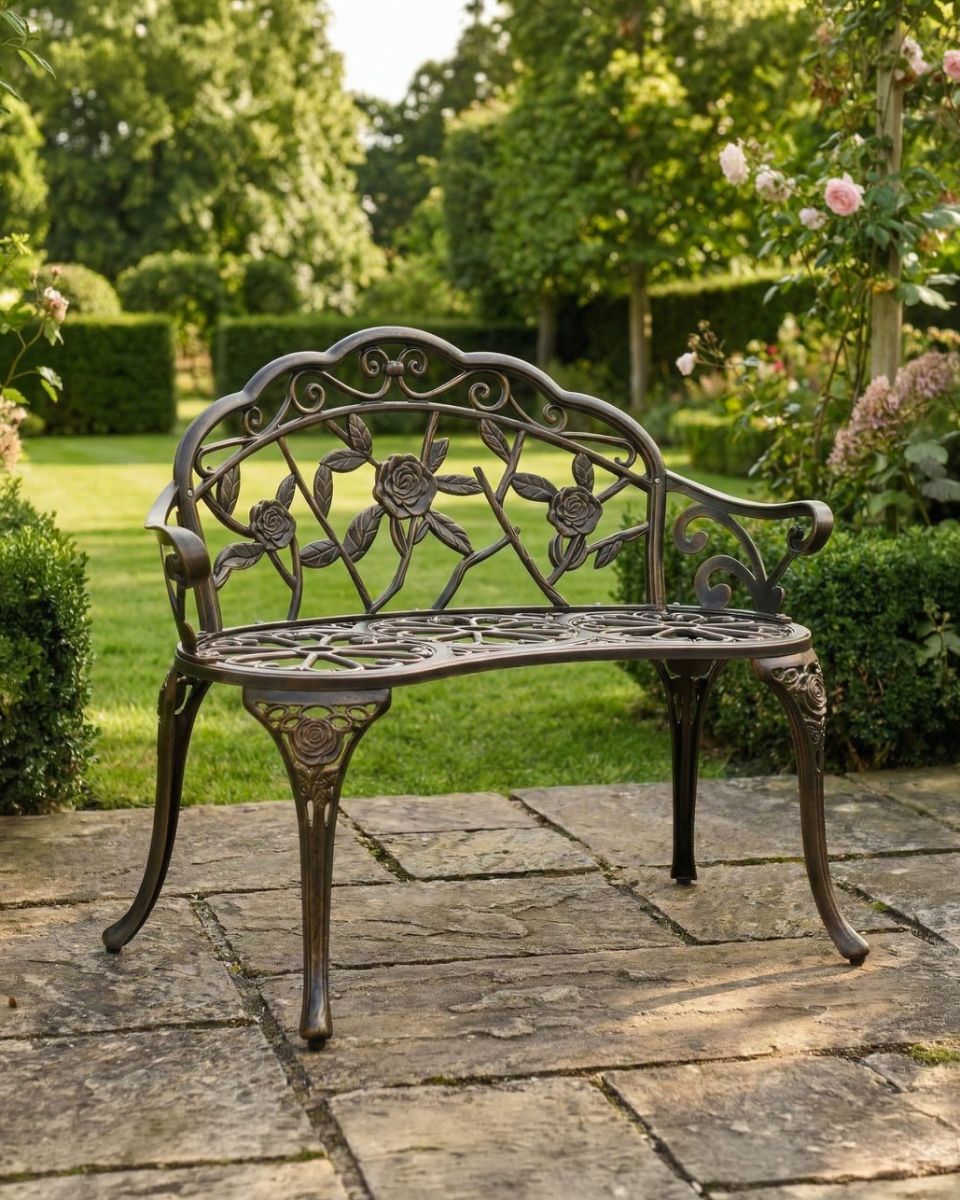 Brushed Bronze "Tri-Floral" Two Seater Garden Bench ai illustration