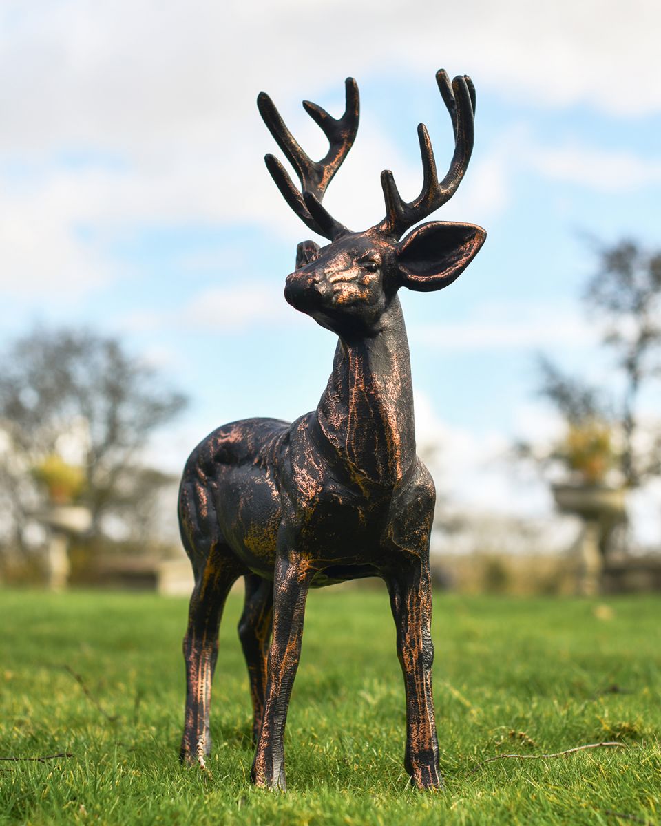 Bronze Finish Standing Buck Sculpture in Situ on the Grass  Bronze Finish Standing Buck Sculpture in Situ on the Grass
