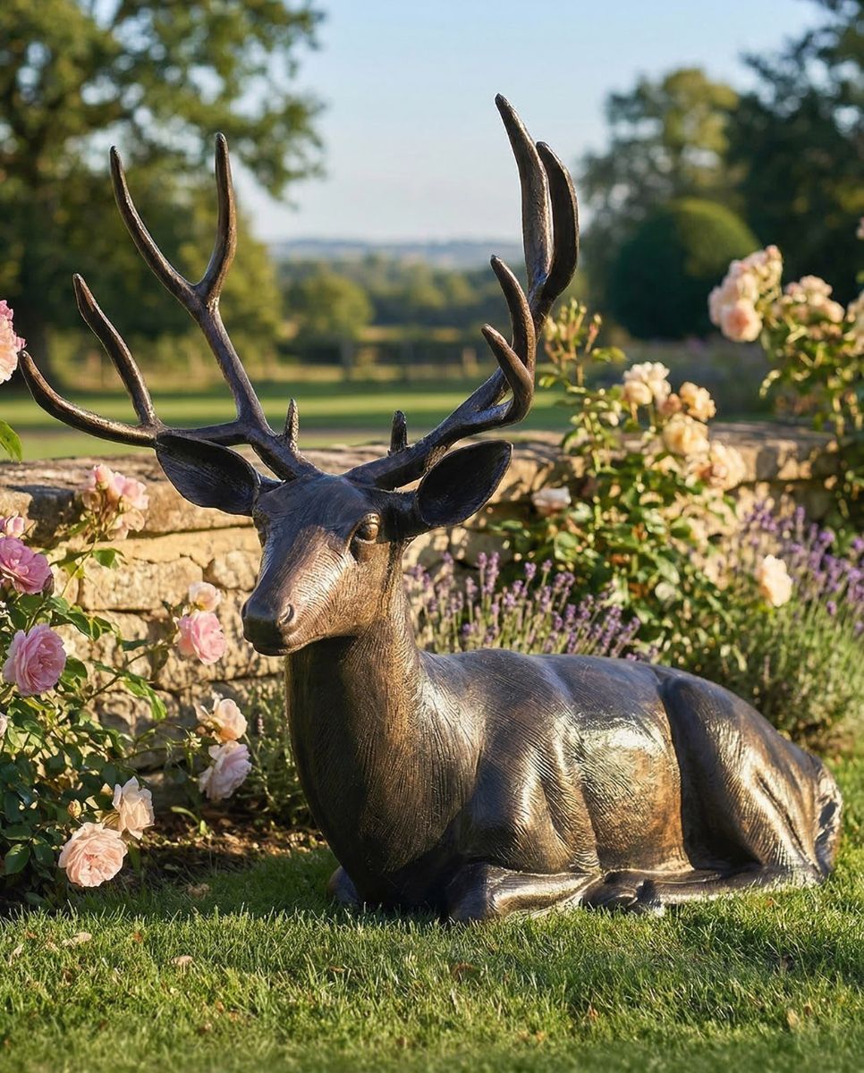 Brushed Bronze "Tranquil Glen" Lying Stag Sculpture digital illustration