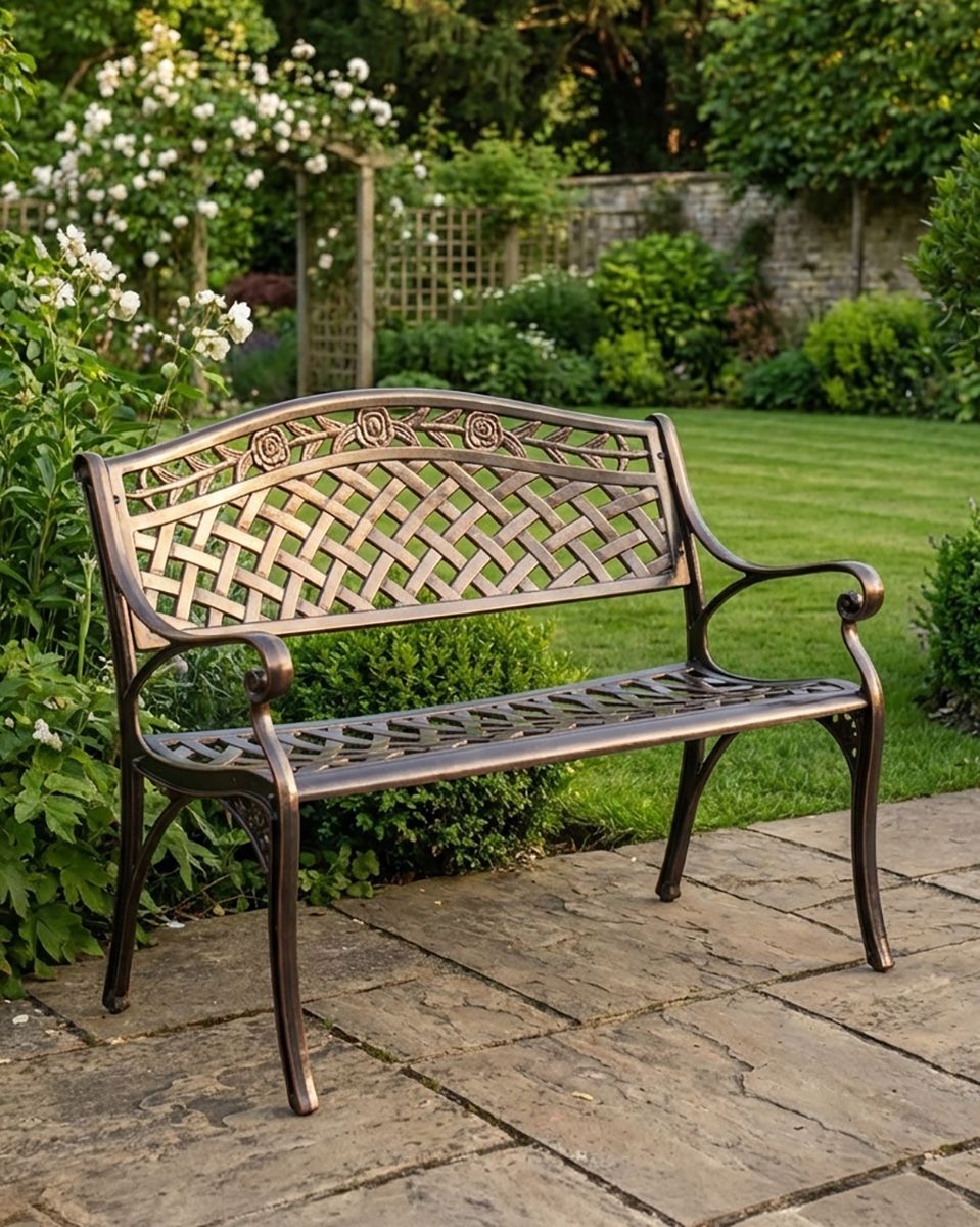 Brushed Copper "Thornton" Two Seater Garden Bench ai illustration