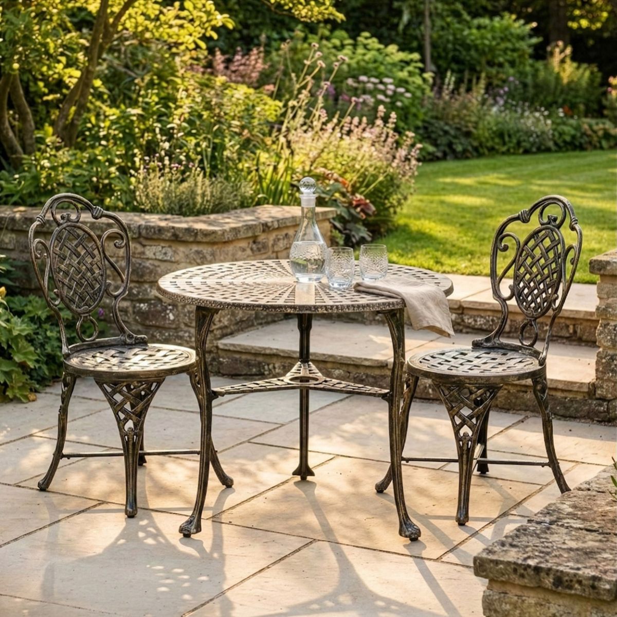 Brushed Gold "Athena" Two Seater Outdoor Bistro Set digital illustration dressed table