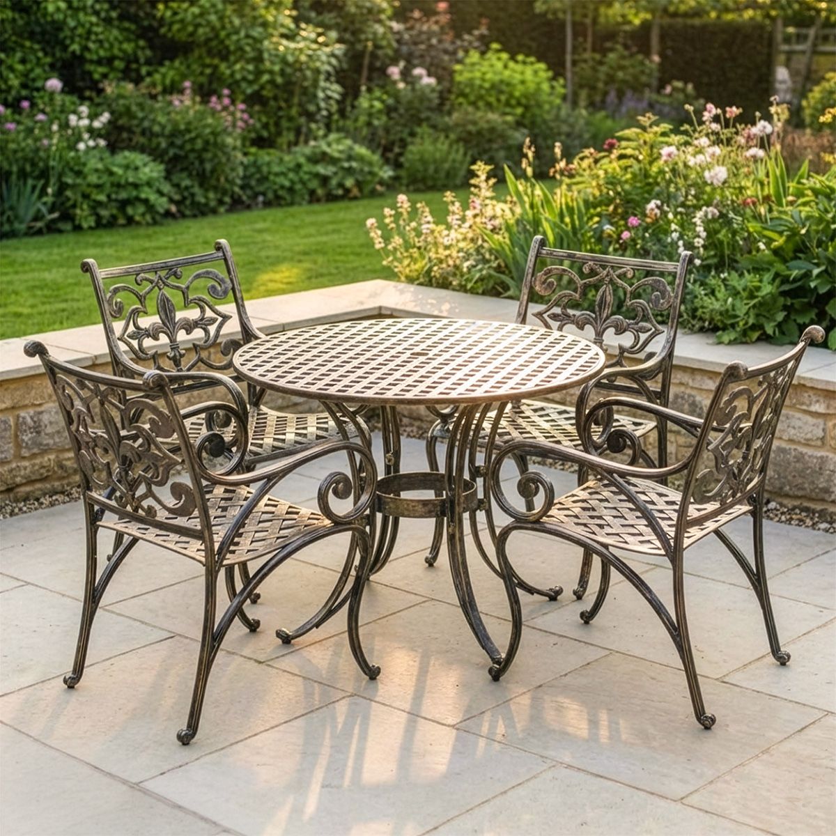 Brushed Gold "Flourish" Fleur-de-Lys Four Seater Table & Chair Set digital illustration