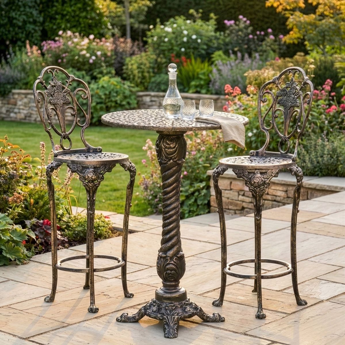 Brushed Gold "Rosebud" High Bar Dining Set digital illustration dressed table