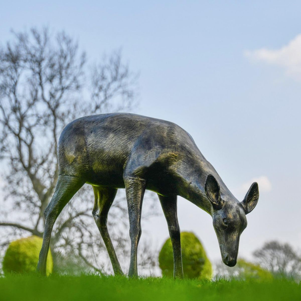 Brushed Gold Doe Eating Garden Sculpture