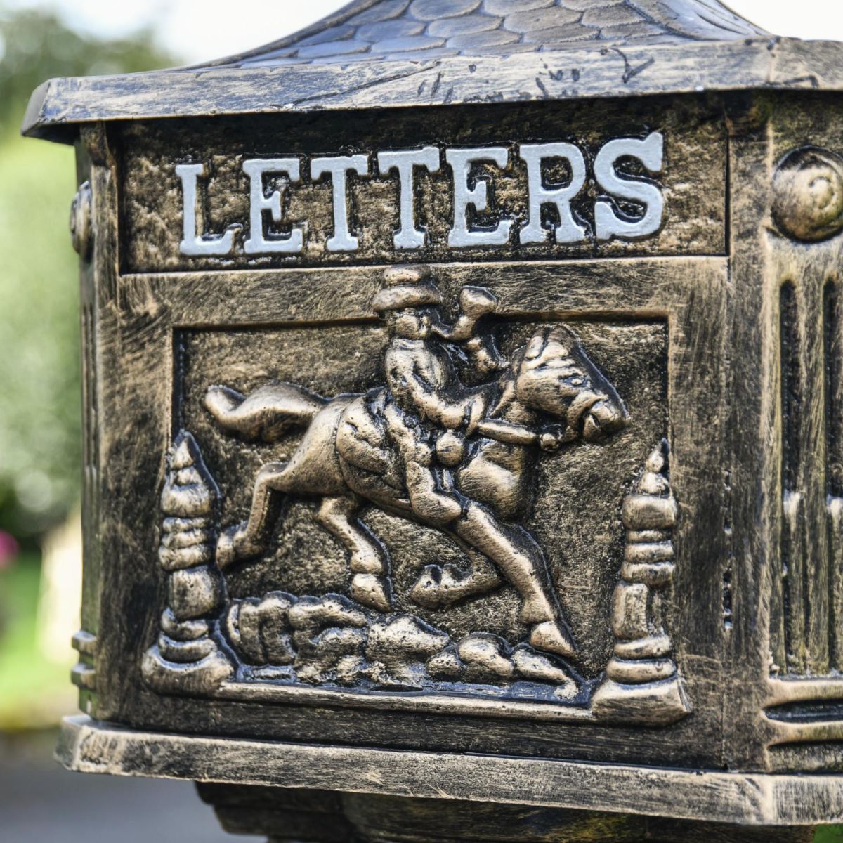 Close-Up of Front Detail on Brushed Gold Post Box